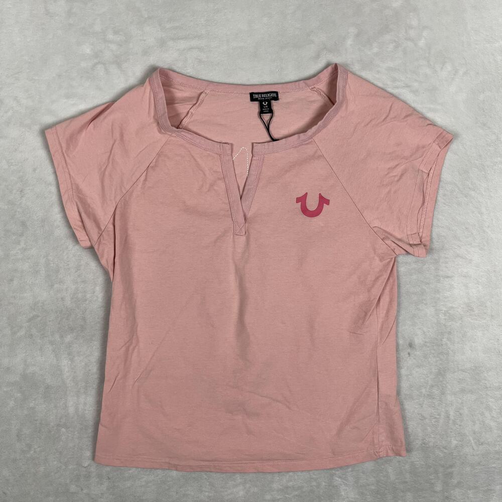 True Religion T-Shirt Womens Large Pink V Neck Raglan Logo Back Graphic Tee Y2K